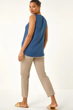 Roman Navy Textured Pleat Front Vest Top