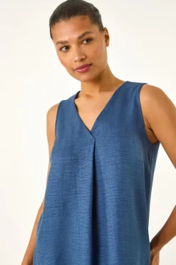 Roman Navy Textured Pleat Front Vest Top