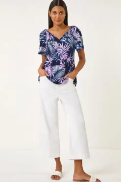 Roman Navy Textured Print Notch Neck Stretch Top