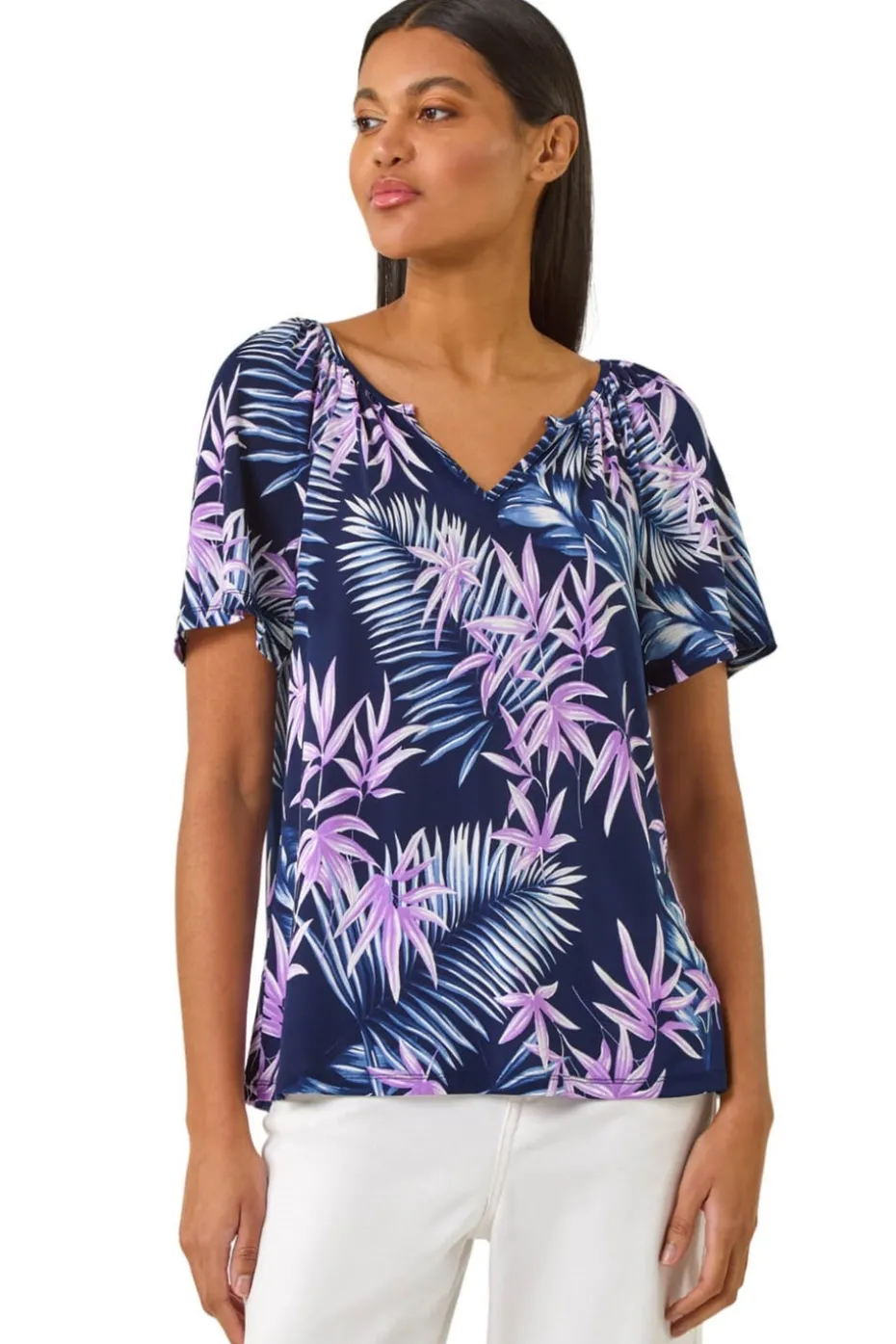 Roman Navy Textured Print Notch Neck Stretch Top