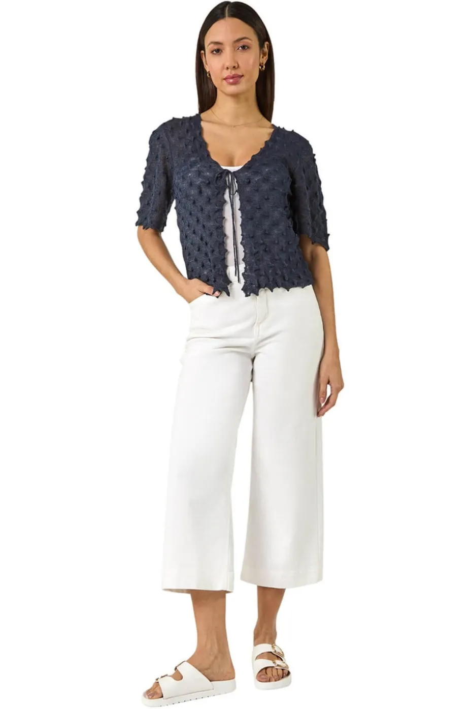 Roman Navy Textured Tie Front Shrug