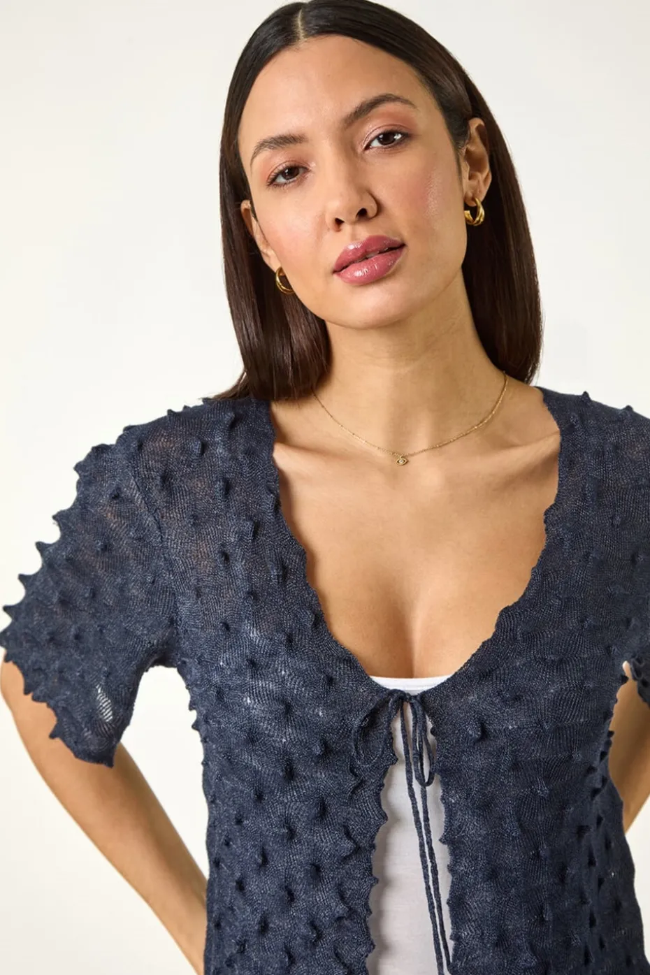 Roman Navy Textured Tie Front Shrug