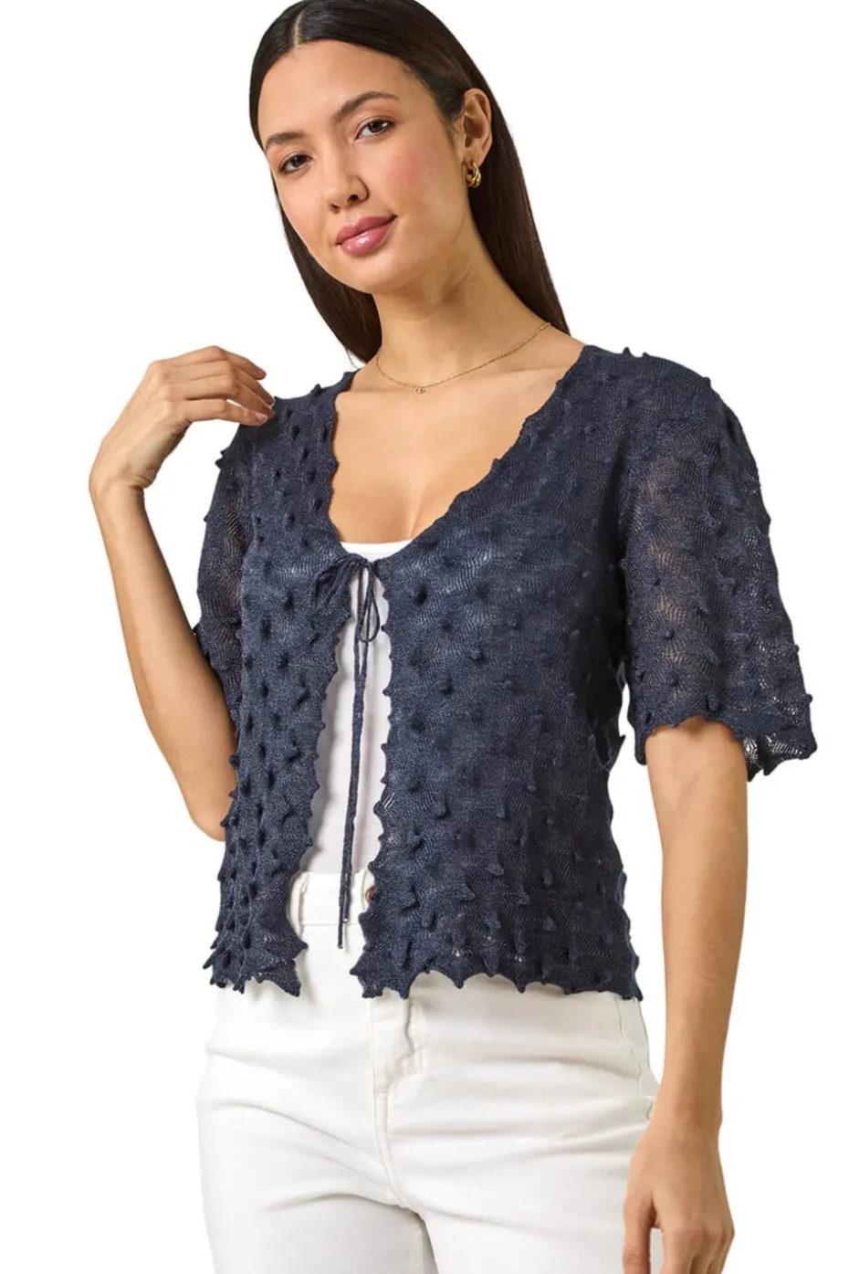 Roman Navy Textured Tie Front Shrug