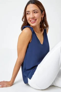 Roman Navy Tie Detail Strap V-Neck Cami Top
