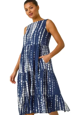 Roman Navy Tie Dye Print Smock Midi Dress