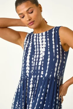 Roman Navy Tie Dye Print Smock Midi Dress