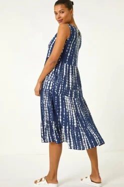 Roman Navy Tie Dye Print Smock Midi Dress