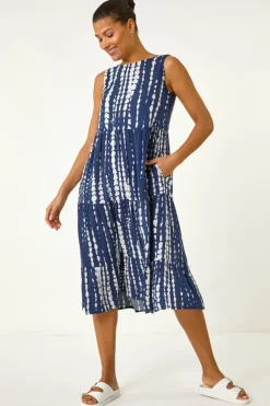 Roman Navy Tie Dye Print Smock Midi Dress