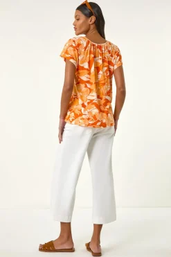 Roman Orange Abstract Leaf Print Stretch Top