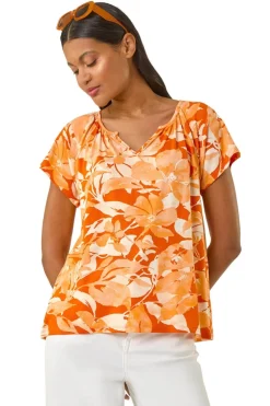 Roman Orange Abstract Leaf Print Stretch Top