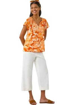 Roman Orange Abstract Leaf Print Stretch Top