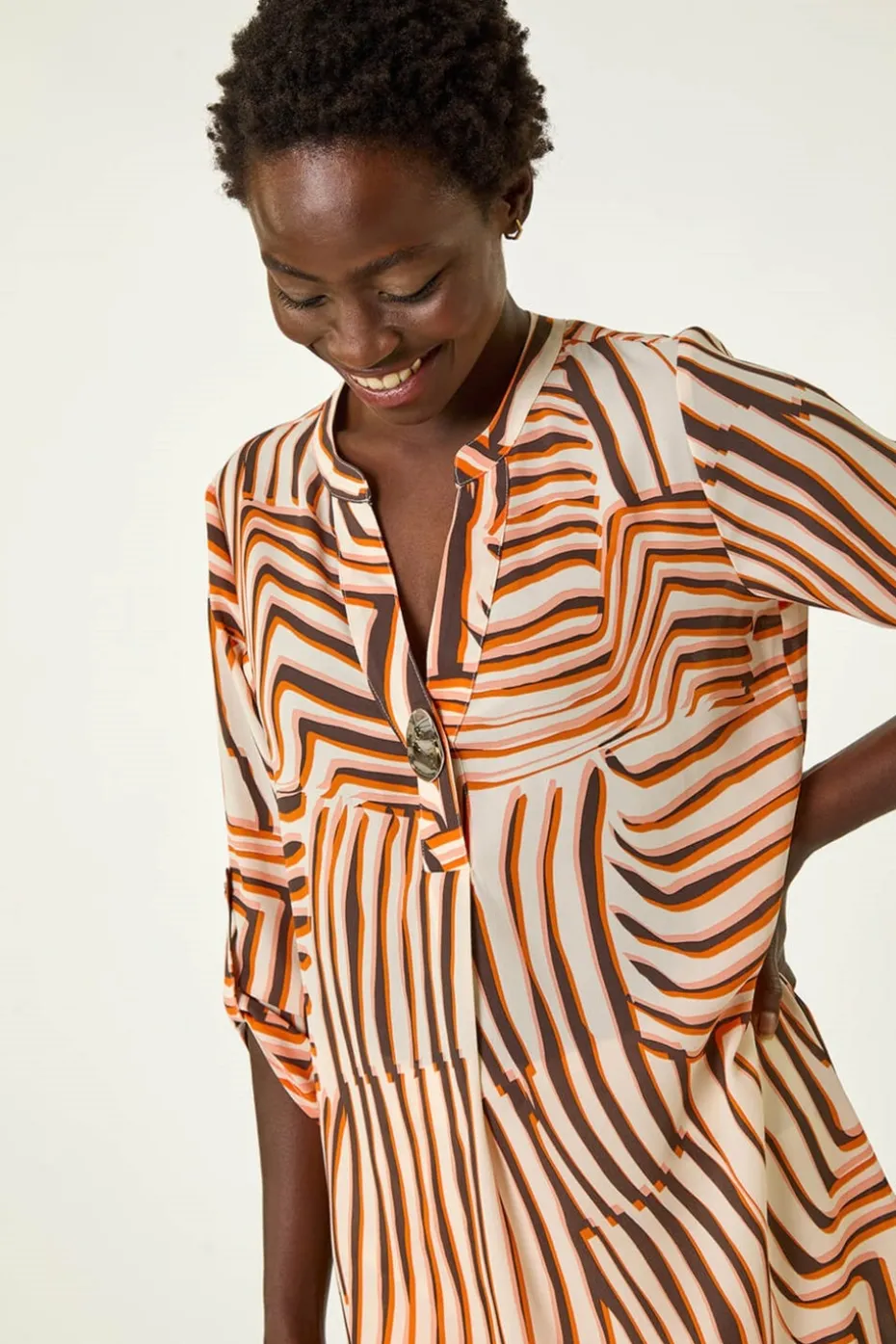 Roman Orange Abstract Linear Print V-Neck Button Top
