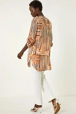 Roman Orange Abstract Linear Print V-Neck Button Top