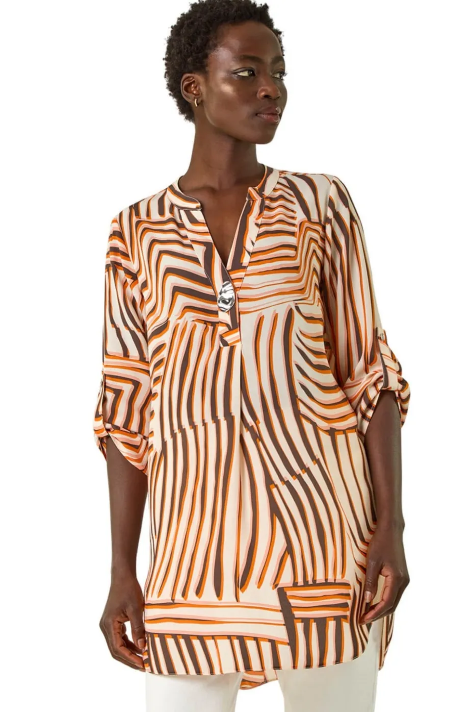 Roman Orange Abstract Linear Print V-Neck Button Top