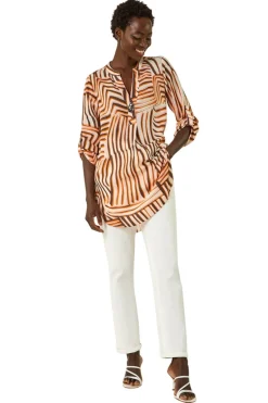 Roman Orange Abstract Linear Print V-Neck Button Top