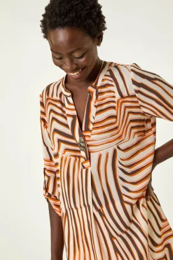 Roman Orange Abstract Linear Print V-Neck Button Top