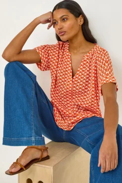 Roman Orange Abstract Print Tunic Top