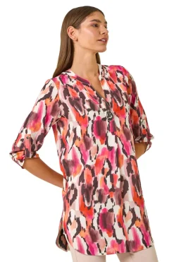 Roman Orange Abstract Print V Neck Button Top