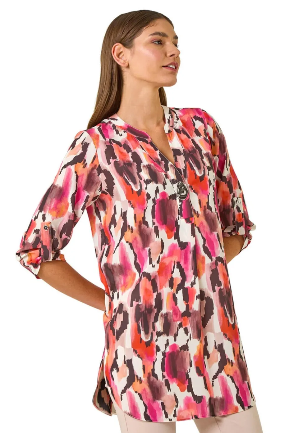 Roman Orange Abstract Print V Neck Button Top