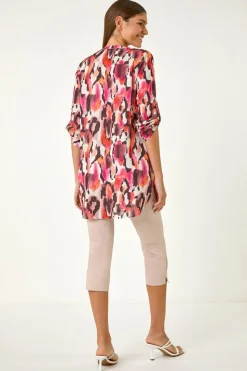 Roman Orange Abstract Print V Neck Button Top