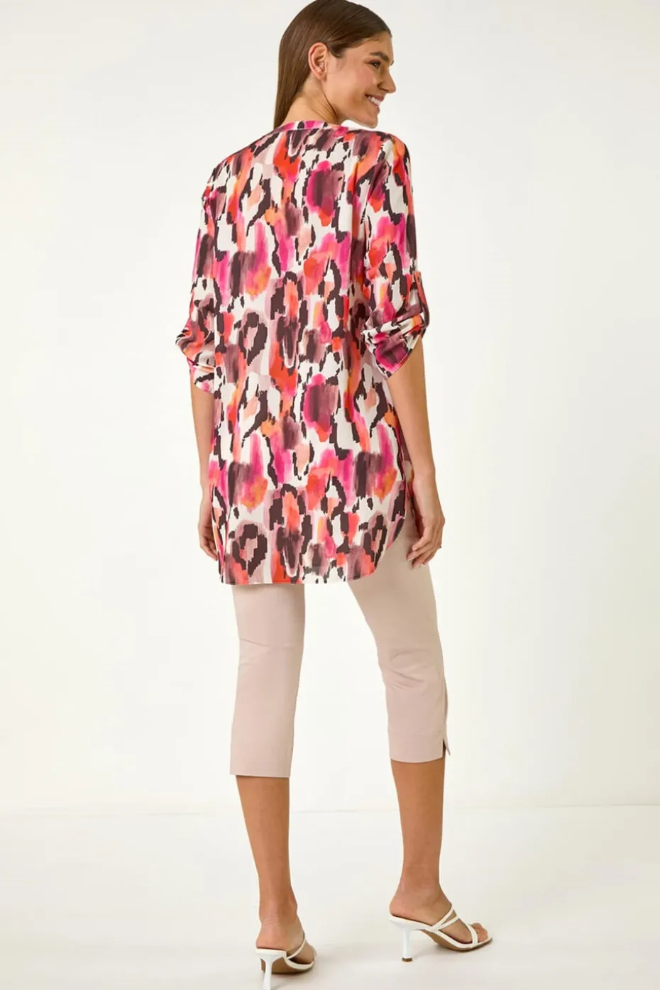 Roman Orange Abstract Print V Neck Button Top