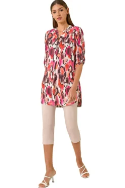 Roman Orange Abstract Print V Neck Button Top
