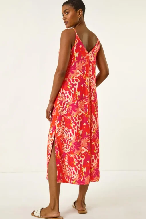 Roman Orange Abstract Print Swing Midi Stretch Dress