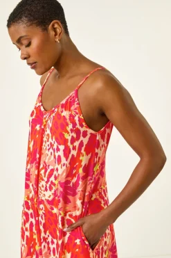 Roman Orange Abstract Print Swing Midi Stretch Dress