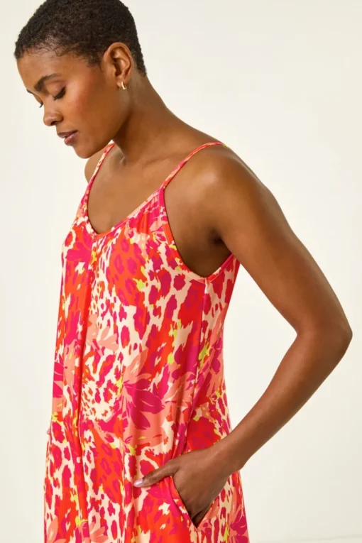 Roman Orange Abstract Print Swing Midi Stretch Dress