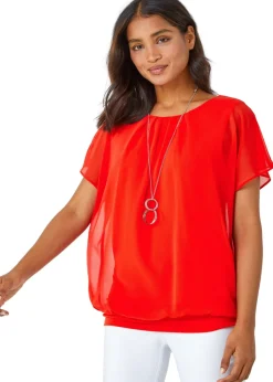 Roman Orange Chiffon Jersey Blouson Top with Necklace