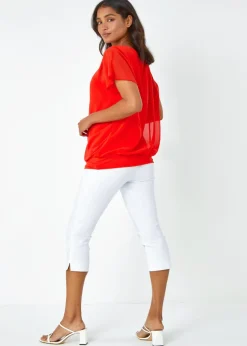 Roman Orange Chiffon Jersey Blouson Top with Necklace