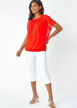 Roman Orange Chiffon Jersey Blouson Top with Necklace