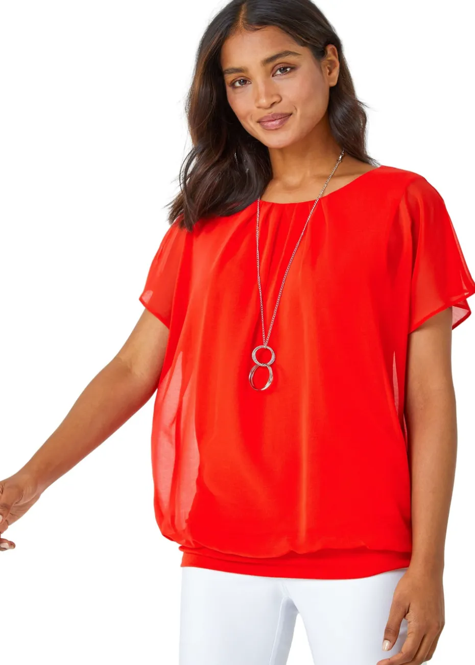 Roman Orange Chiffon Jersey Blouson Top with Necklace