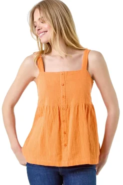 Roman Orange Cotton Button Through Shirred Vest Top