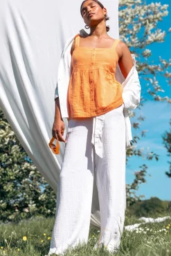 Roman Orange Cotton Button Through Shirred Vest Top