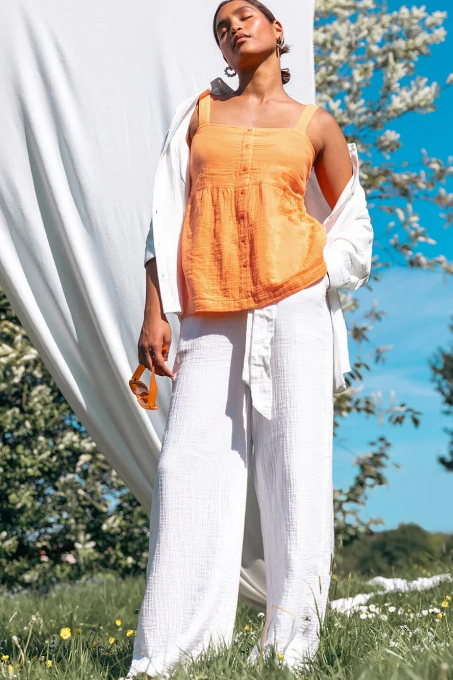 Roman Orange Cotton Button Through Shirred Vest Top