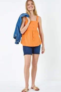 Roman Orange Cotton Button Through Shirred Vest Top