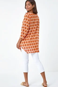 Roman Orange Cotton Geometric Pocket Longline Tunic Top