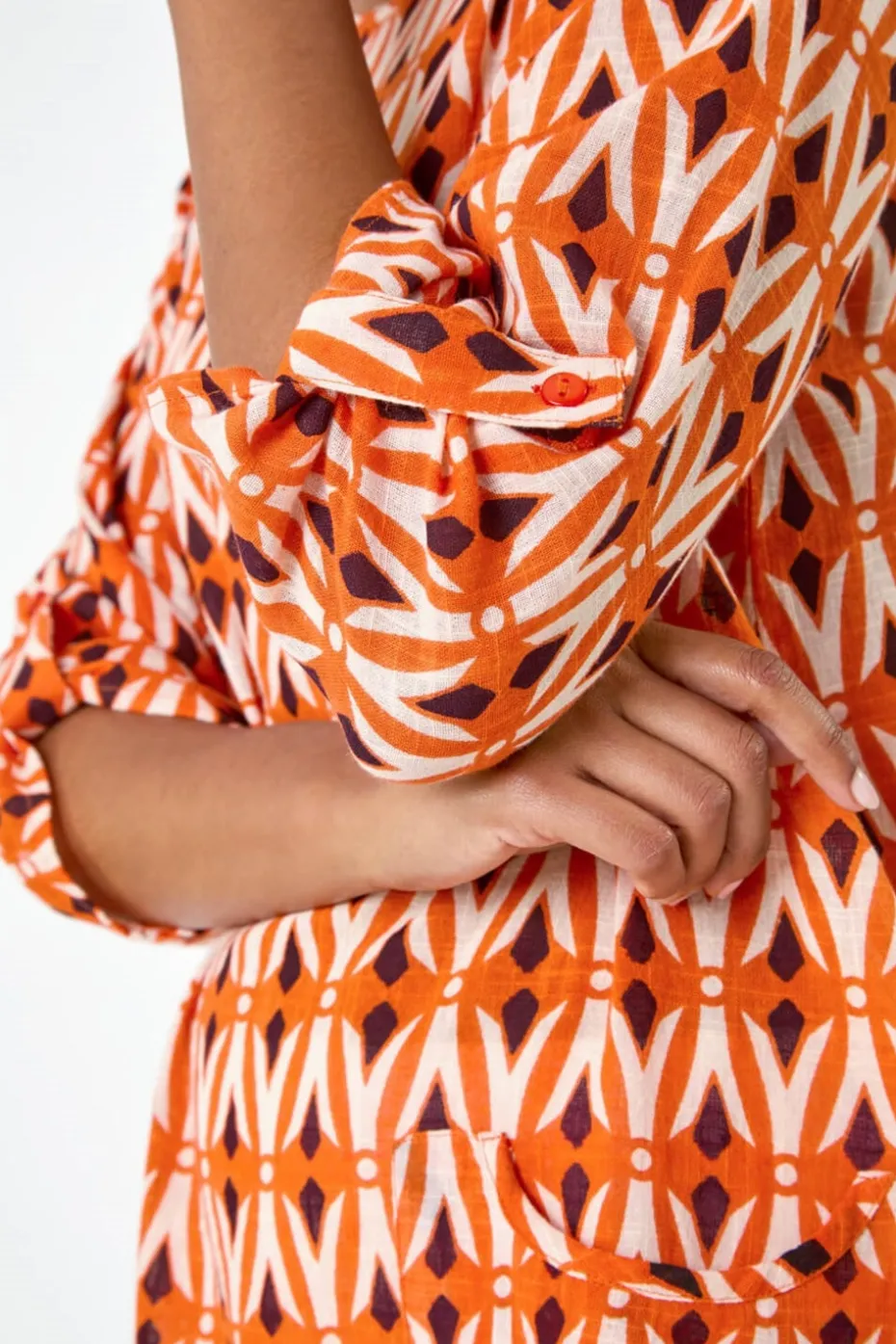 Roman Orange Cotton Geometric Pocket Longline Tunic Top