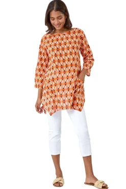 Roman Orange Cotton Geometric Pocket Longline Tunic Top