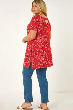 Roman Orange Curve Paisley Print Bar Back Top