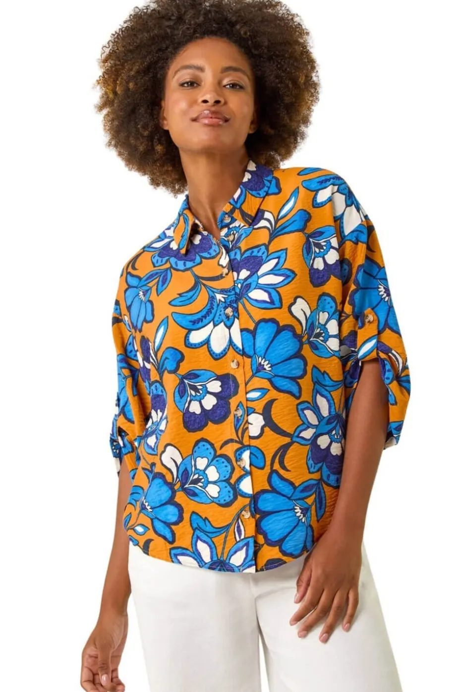 Roman Orange Floral Button Up Blouse