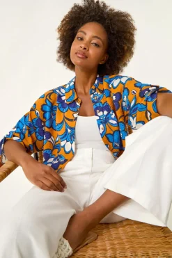 Roman Orange Floral Button Up Blouse