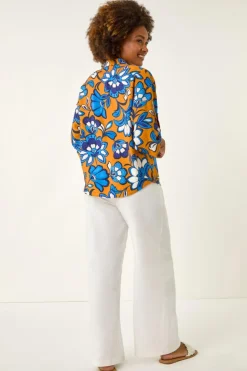 Roman Orange Floral Button Up Blouse