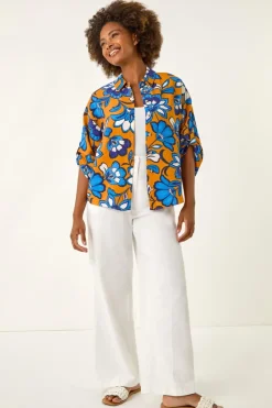 Roman Orange Floral Button Up Blouse