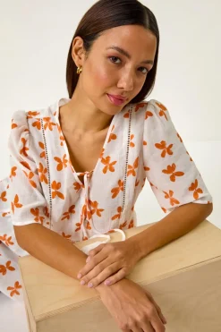 Roman Orange Floral Print Tassel Top