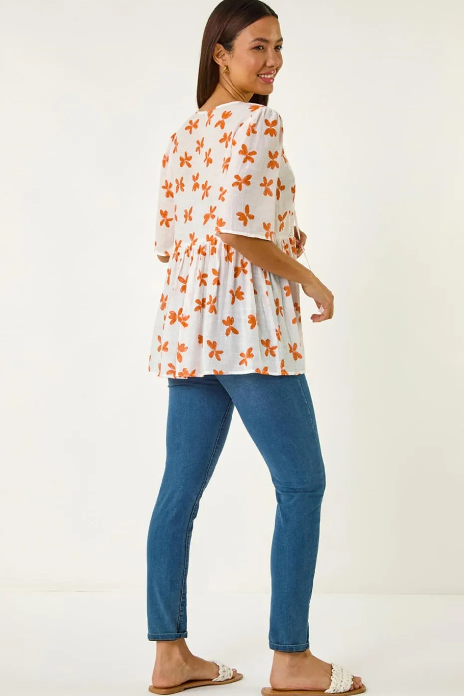 Roman Orange Floral Print Tassel Top