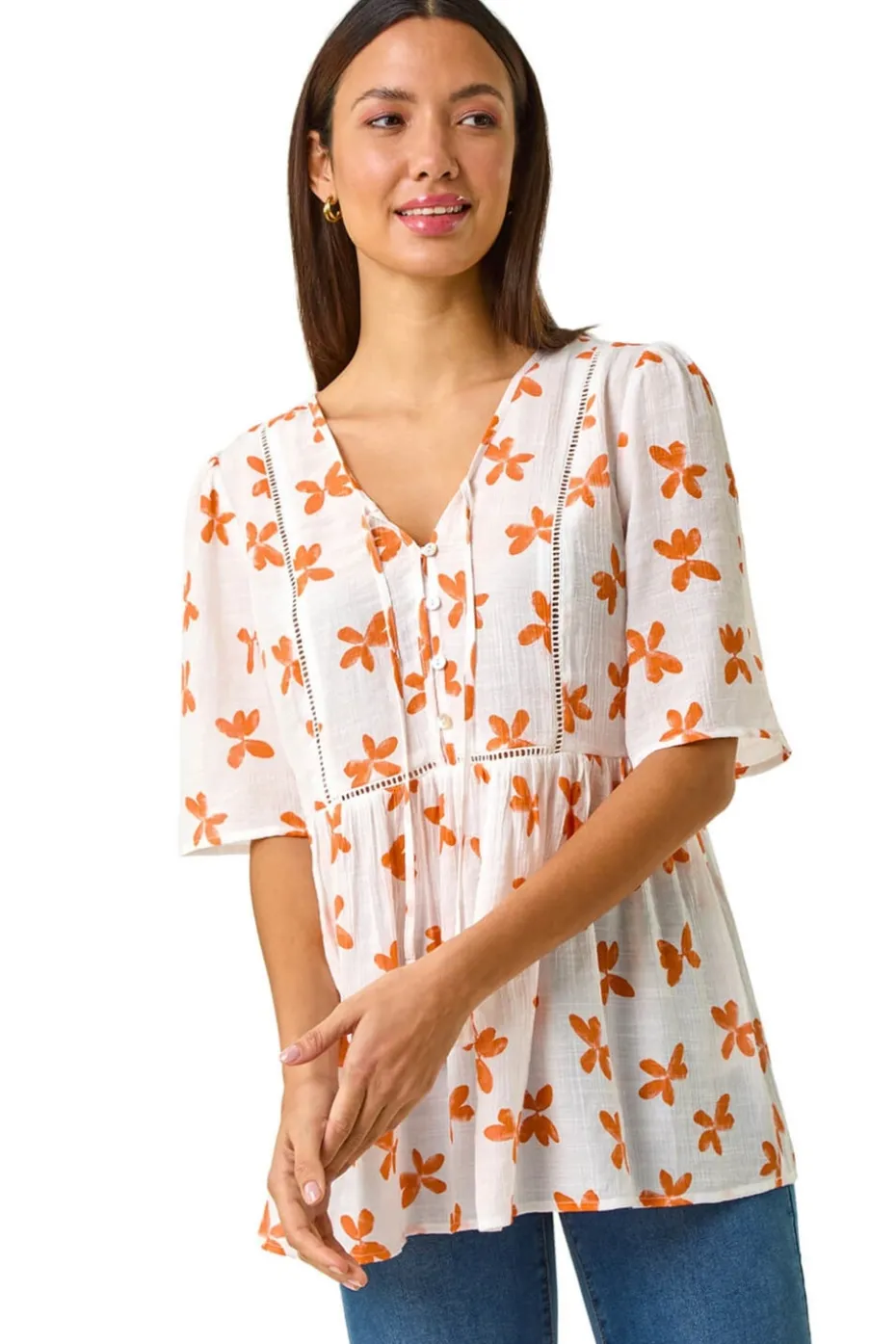 Roman Orange Floral Print Tassel Top