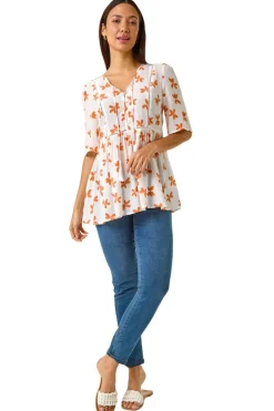 Roman Orange Floral Print Tassel Top