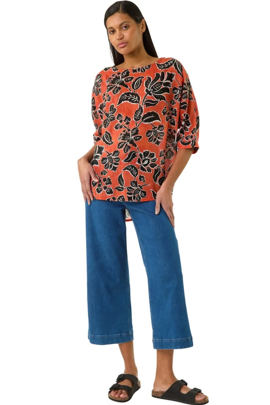 Roman Orange Floral Print Tunic Top